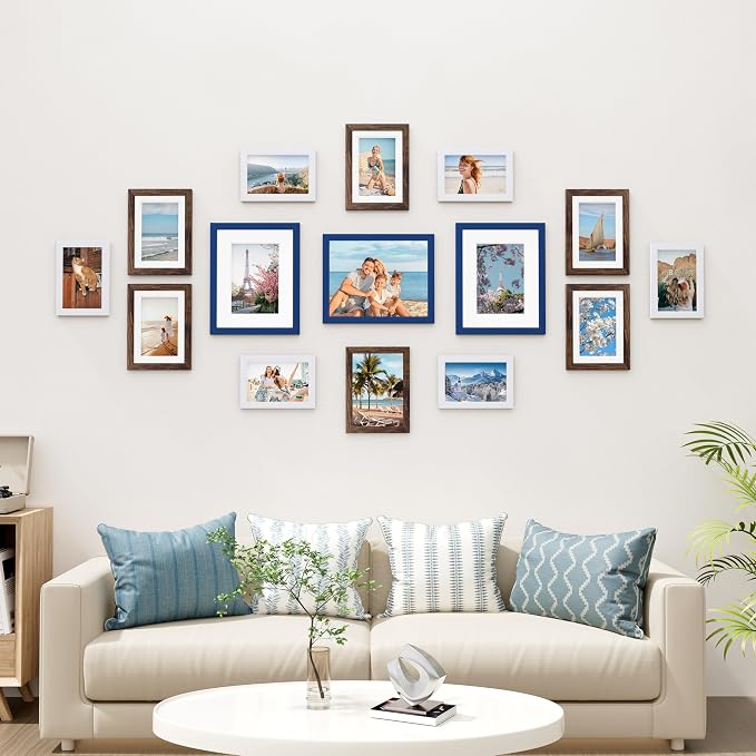 Vittanly 15 Pack Gallery Wall Frame Set, Blue, Brown, White | Picture Frames Collage Wall Decor: 3pcs 8x10, 6pcs 5x7, 6pcs 4x6. Picture Frame Set for Wall or Tabletop Display