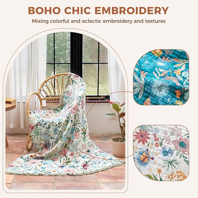 LUTBM Boho Throw Blanket for Couch 50"x60", Cotton Decorative Bed Throw | Reversible Floral Jacquard, All-Season Blankets, For Chair Sofa Living Room Decor, Lightweight Breathable Gauze, Women Gifts