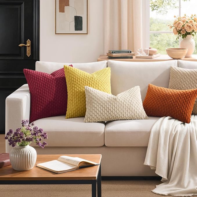 Kevin Textile Soft Corduroy 14"x24" Lumbar Pillow Cover 1 Pack, Beige | Boho Stripe Plush Corduroy Decorative Oblong Cushion Cover Modern Farmhouse Home Decor for Sofa Couch Bed Chair