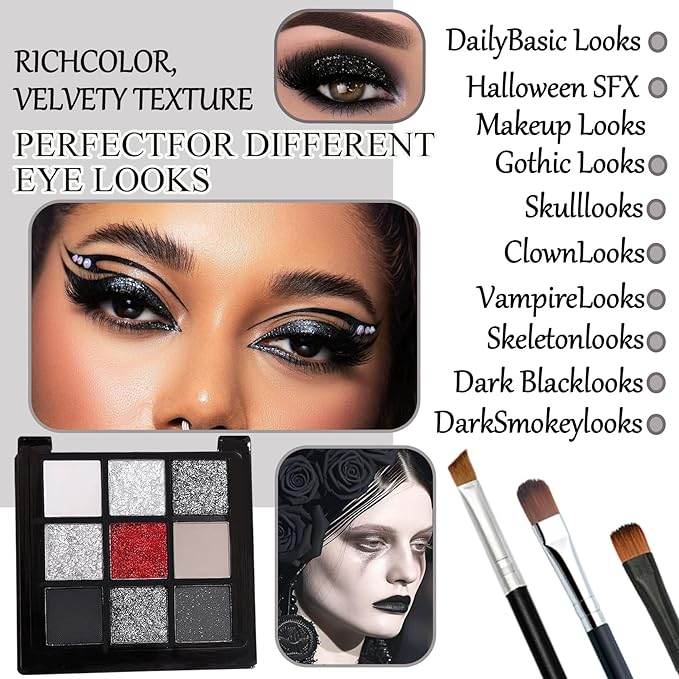 Black Grey Smoky Eyeshadow Palette,15 Colors Matte Shimmer Pigmented Eye Shadow Makeup Palette Set with 3 Eyeshadow Brushes,Glitter Eye Shadow Palette for Daily Halloween Goth Makeup(C)