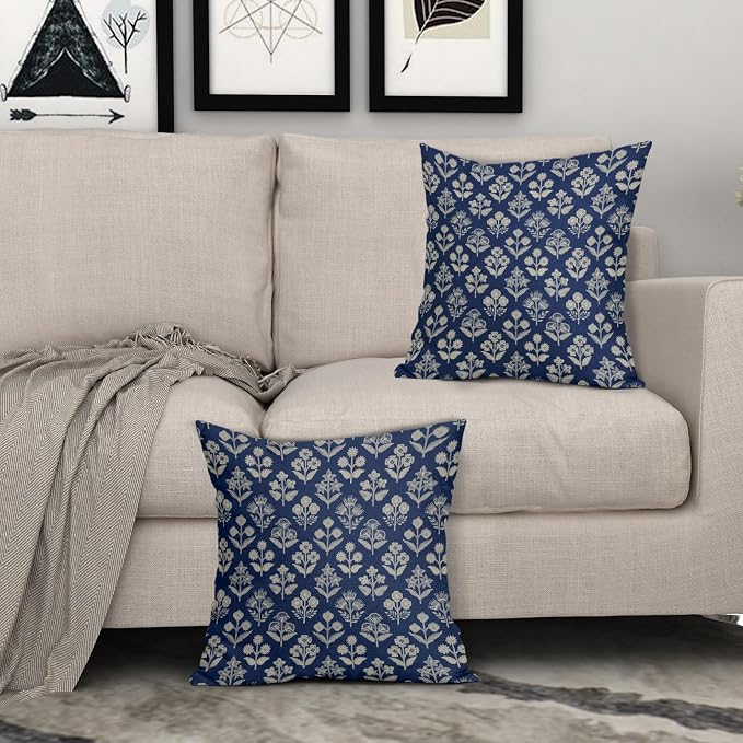 Dark Blue Floral Pillow Covers 22x22 Inch Set of 2, Vintage Flower Block Print Pattern Decorative Throw Pillowcases Outdoor Farmhouse Cushion Covers Spring Summer Rustic Sofa Couch Bed Decor