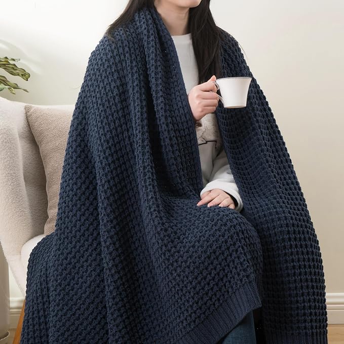 Navy Blue Throw Blanket for Couch, Chenille Knitted Blue Blanket 50''x60'' | Soft Cozy Chunky Knitted Blanket, Warm Thick Throw Blanket for Home Decor, Sofa, Men, Modern Farmhouse Style