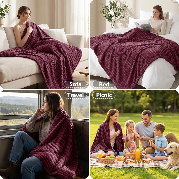 Burgundy Red Twin Blanket for Bed & Couch, 60 x 80 Inch | 300GSM Ribbed Fleece Blanket, Soft, Cozy & Lightweight, OEKO-TEX Certified, All-Season Use for Travel, Dorm & Home Decor