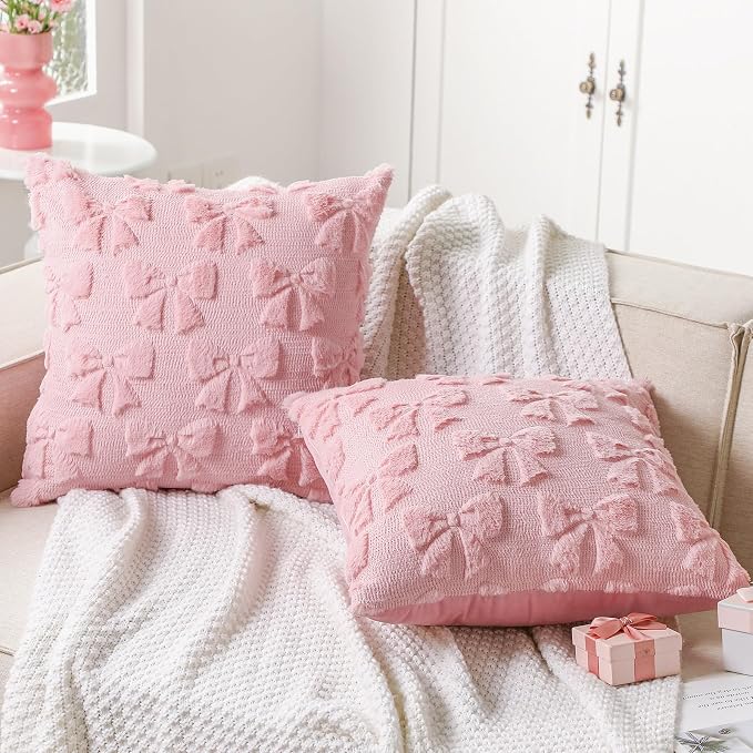 Mixweer Dark Pink Bow Pillow Covers Set of 2 Preppy Room Decor Coquette Cute Spring Summer Decorative Faux Fur Soft Bowknot Stuff Fluffy Plush Aesthetic Pillowcase for Bed Sofa Couch (18 x 18 Inch)