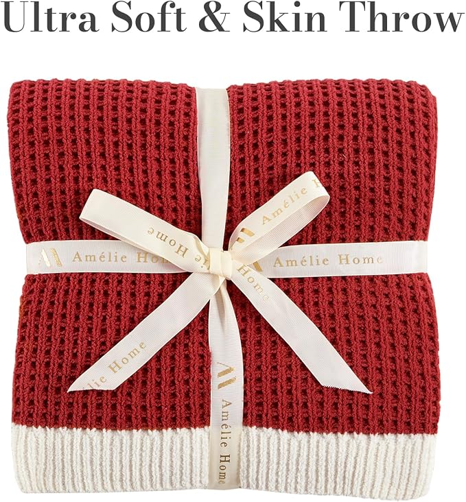 Chenille Throw Blanket, Soft Cozy Waffle Throw for Couch & Sofa, Warm Yet Lightweight, Breathable All-Season Throws for Women Men, Housewarming, Birthdays, 50"x60", Red