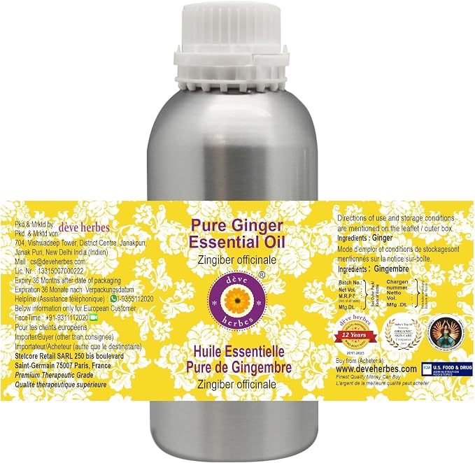 Deve Herbes Pure Ginger Essential Oil (Zingiber officinale) Steam Distilled 630ml (21 oz)