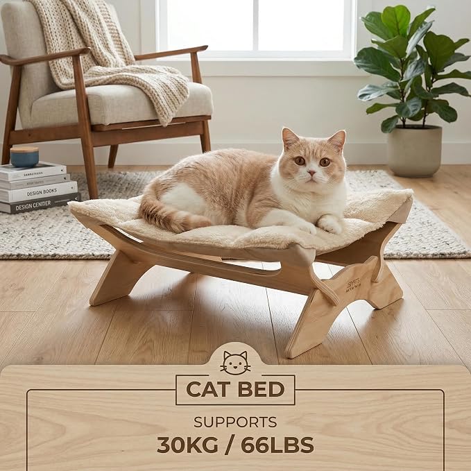 JSPYFITS Elevated Cat Bed Hammock, Raised Cat Bed with Dual-Sided Plush & Linen Cushion, Machine Washable & Breathable Cover Tool Free Easy Assembly, up to 66Lbs (Beige)