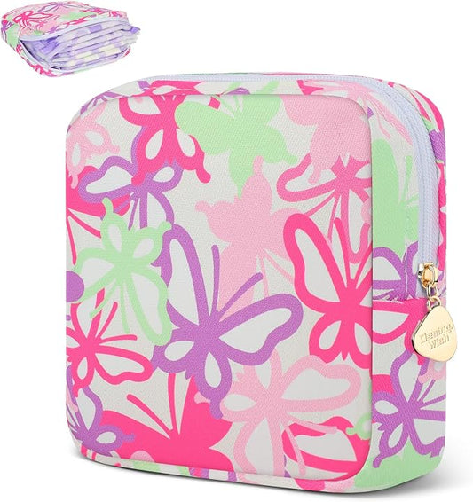Sanitary Pad Storage Bag Portable Period Bag for Teen Pads/Sanitary Napkins/Small Tampons, Sanitary Napkin Storage Bag First Period Gifts for Teen Girls (Stacked Butterfly)