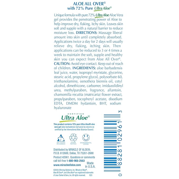 Miracle of Aloe Aloe All Over Super Moisturizing Dry Skin Lotion 8 oz - Made with 72% UltraAloe Aloe Vera Gel. Safe for Everyone: Men, Women, Children, Kids. Restores Dry Skin Fast
