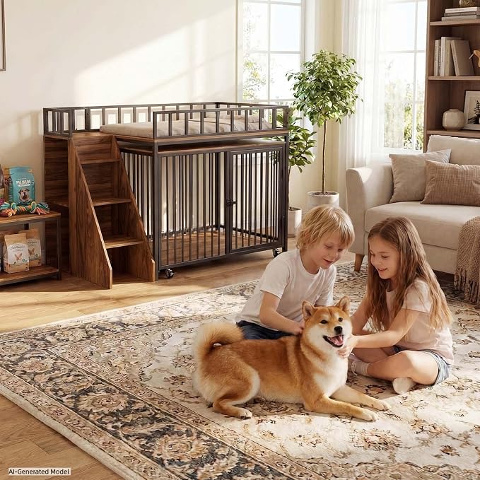 37" Dog Crate Furniture, Wooden Dog Kennel Indoor with Storage (Walnut) | Heavy Duty Pet Cage Indoor for Small & Medium Dogs, Dog Kennel with Storage Shelf, 4 Lockable Wheels and Stairs, Loft-Style