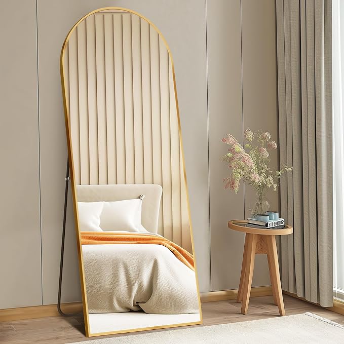DUMOS 56"x15" Arched Full Length Mirror with Stand, Full Body Floor Mirror | Free Standing or Wall Mount, Nano Glass Aluminum Frame, Hanging or Leaning, Modern Simple Home Decor, Gold