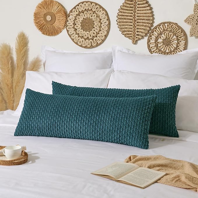 Kevin Textile Soft Corduroy 20"x54" Body Pillow Cover 1 Pack, Teal Blue | Boho Stripe Plush Corduroy Decorative Oblong Cushion Cover Modern Farmhouse Home Decor for Sofa Couch Bed Chair