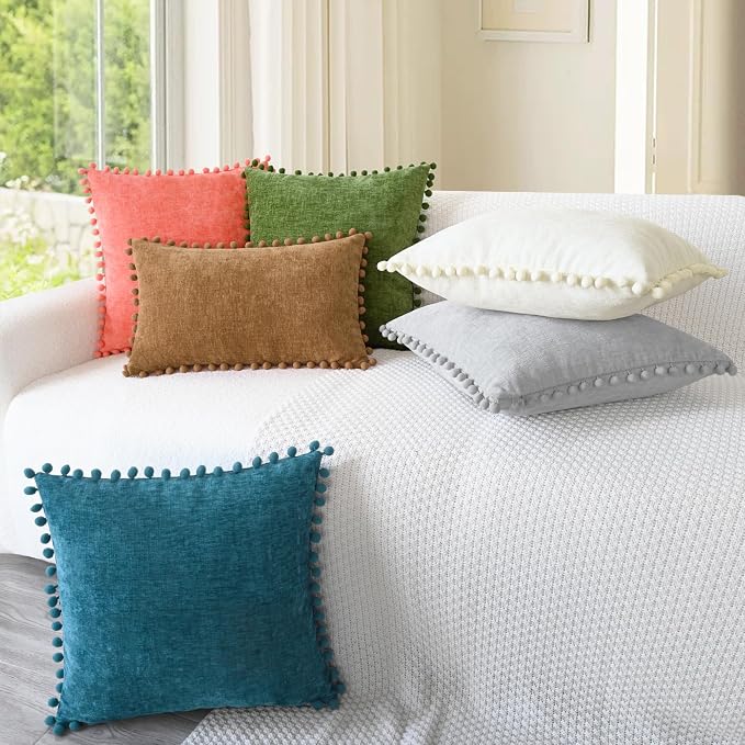 CaliTime Decorative Couch Throw Pillow Covers 18 X 18 Inches Living Coral | Pack of 2, Cozy Chenille Cushion Cases, with Pom Poms for Sofa Bed Living Room Farmhouse Home