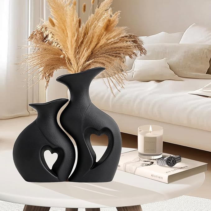 XL Black Snuggle Hollow Ceramic Flower Vase Home Decor Set of 2 | Heart Shaped, Minimalist, Decorative Flower Vase for Wedding,Living Room,Dining Table,Bedroom,Entryway,H 10.1 inches