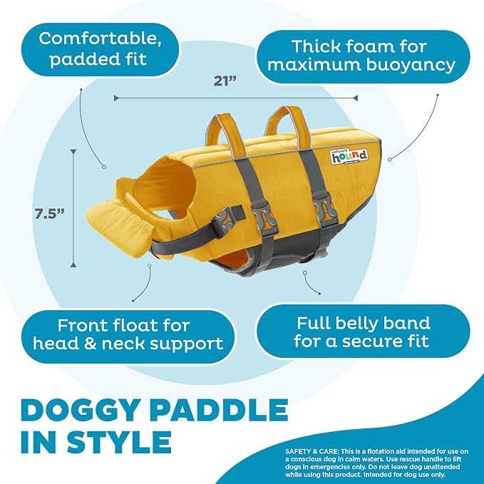 Outward Hound Granby Splash Dog Life Jacket, Life Vest, Yellow, XL | Max Buoyancy, Adjustable Fit, Head/Neck Support, Rescue Handle, Reflective, Swimming & Boating, XL Dogs (33–44" Girth)