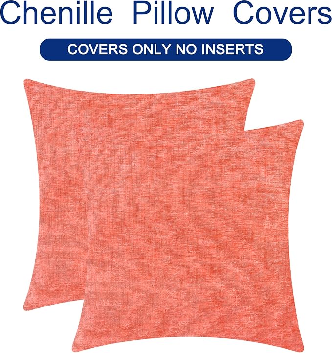 CaliTime Decorative Couch Throw Pillow Covers 24 X 24 Inches Living Coral | Pack of 2, Cozy Chenille Cushion Cases for Sofa Bed Living Room Farmhouse Home