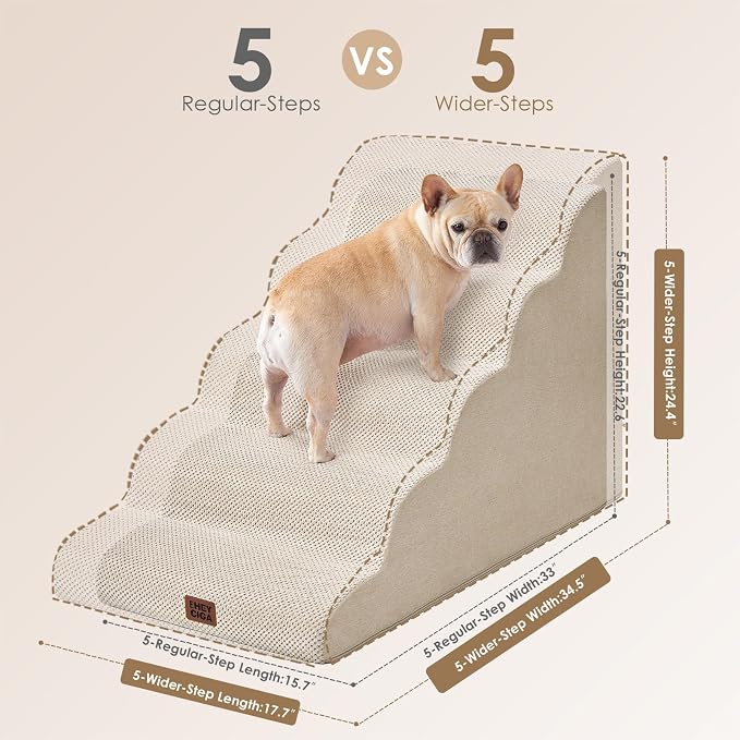 EHEYCIGA Curved Dog Stairs Ramp, 5-Step Extra Wide High Beds, Pet Step | 33D density of pure foam, for Small Dogs and Cats, Pet Stairs for High Bed Climbing, Non-Slip Balanced Indoor, Beige