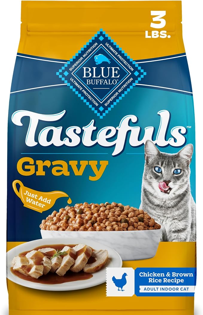Blue Buffalo Tastefuls Irresistible Gravy Experience Chicken Cat Food, 3 lb | Chicken & Brown Rice Recipe, Supports Digestion & Coat Health, Add Warm Water for Real Gravy, Indoor Adult Cat Formula