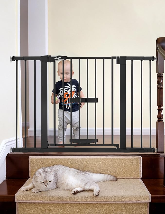 Babelio Extra Wide Baby Gate with Cat Door, CatPrivilege II, 29-48" | Auto-Close Metal Pet Door for Stairs, Doorways & House, Pressure/Hardware Mounted, Easy Walk Thru, Black