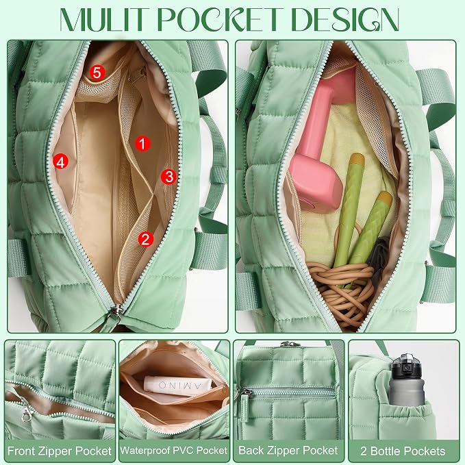 Small Gym Bag for Women, Puffy Sports Duffel Bag with Yoga Mat Holder, Gym Tote Bag with Wet Pocket & Coin Wallet, Carry on Bag for Workout Dance Pilates Ballet Swimming Travel