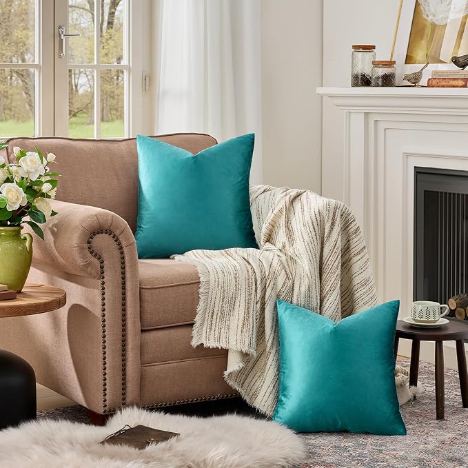GIGIZAZA Teal Velvet Pillow Covers 16x16 Decorative Pillows Pack of 2 | Blue Throw Pillows for Couch Sofa,280gsm Soft Textured Fabric,Modern Square Pillowcases,Luxury Cushion Covers