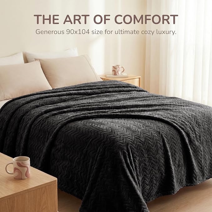 Exclusivo Mezcla Soft Fleece Blanket King Size for Bed, Sofa, Black | 90"x104" Breathable Lightweight Flannel Blanket for Summer, Plush Cozy Jacquard Wave for Home Decor