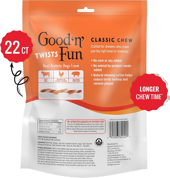 Good 'n' Fun Twists Long-Lasting Dog Treat Made With Real Protein, 22 Count | Premium Chicken, Pork and Beef Hide Chew, Supports Dental Health and Mental Stimulation, For Adult Dogs