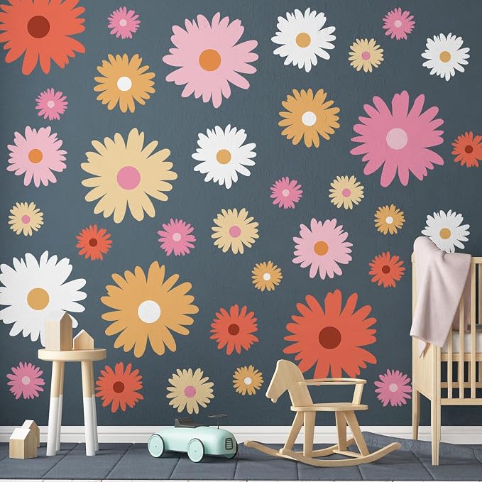 TaoBary 12 Sheet Daisy Wall Sticker Decal,Bright Color,Artsy Style | Big Flower Wall Sticker, Pink White Floral Decal, Daisy Bedroom Room Decor, Removable Peel and Stick, Nursery Home Wall Decor