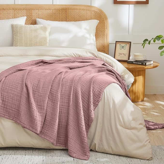 EMME Muslin Blankets for Adults Throw Blanket for Couch Breathable Gauze Soft Lightweight Airy Dusty Pink Throw XL 50" x 71"