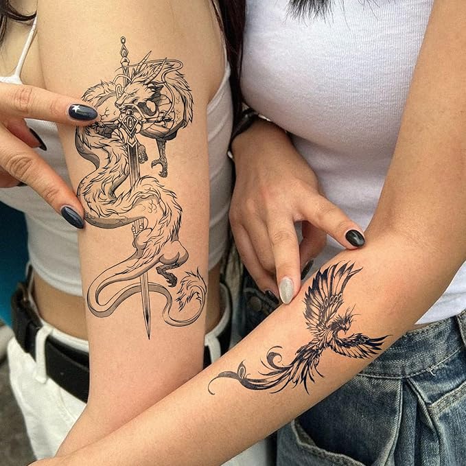 Semi Permanent Tattoos, 2 Sheets Realistic Large Coiled Dragon Sword & Flaming Phoenix Couple Temporary Tattoos for Men Women Back Arms Calf, 2 Weeks Fake Tattoos, Waterproof and Non-Reflective