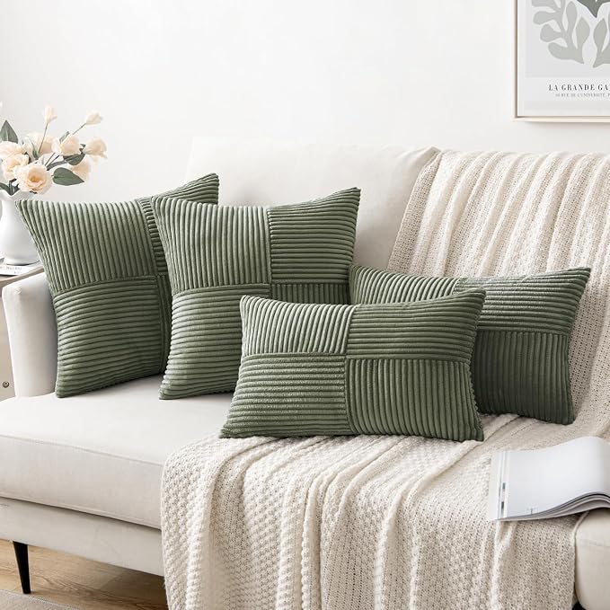 MIULEE Light Olive Green Decorative Throw Pillow Covers for Couch 18x18 in | 2 Pack, Boho Farmhouse Pillow Covers, Soft Cross Corduroy Patchwork Textured Cushion Cases For Bed Sofa