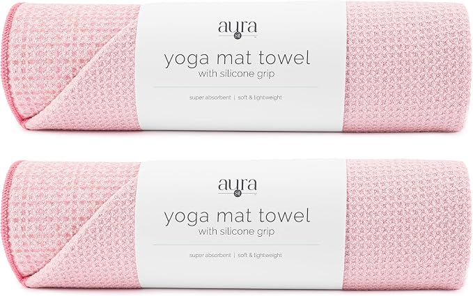 S&T INC. Aura Yoga Mat Towel with Non-Slip Grip, Enhanced Silicone Grip, Soft and Absorbent for Gym, Pilates, and Hot Yoga Mat, 2 Pack, 24 inches x 72 inches, 340GSM, Pink