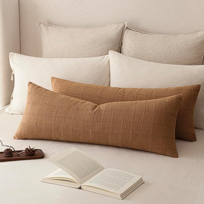 Foindtower Set of 2 Decorative Linen Check Throw Pillow Covers Neutral Farmhouse Vintage Cushion Covers Cozy Modern Boho Home Decor for Sofa Chair Couch Bedroom Living Room,14×36 Inch,Brick