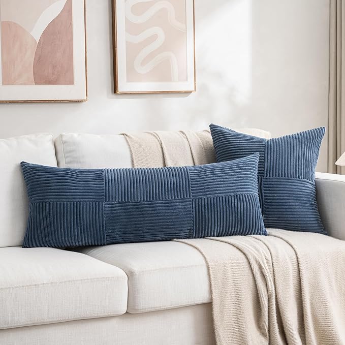 Fancy Homi Dusty Blue Decorative Throw Pillow Covers 20x20 Inch for Living Room Couch Bed Sofa, Rustic Farmhouse Boho Home Decor, Soft Corss Corduroy Patchwork Accent Cushion Case 50x50 cm