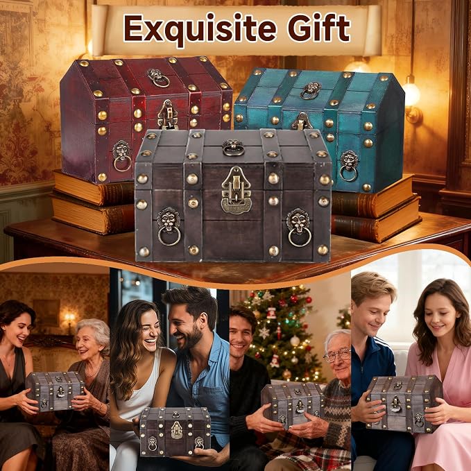 Large Vintage Wooden Treasure Chest Antique Box with Metal Lock | Wood Jewelry Box Storage Decorative Boxes Handmade Rectangle Organizer for Women Ring Necklace Earring Coins Collectibles