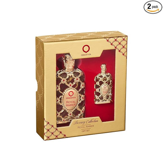 Orientica Luxury Collection Royal Amber 2-Pc Gift Set Eau De Parfum - Fruity, Gourmand, Amber, Woody, Vanilla, Bergamot, Melon, Pineapple, Musk - Arabic Perfume for Men & Women - 30ml + 7.5ml