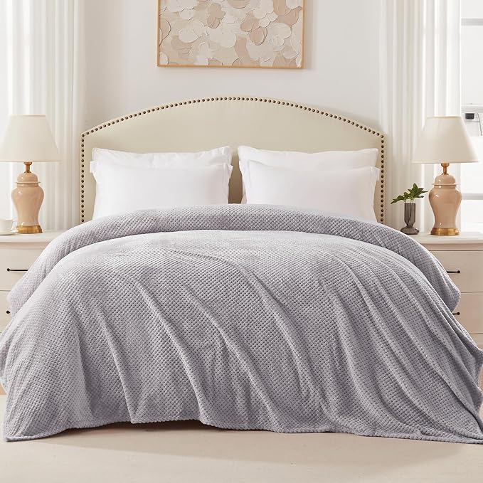 Exclusivo Mezcla Soft Waffle Fleece Bed Blanket Twin Size, Light Grey | Lightweight Plush Blanket for Bed, Couch, Sofa, Cozy Fluffy Design for Bedroom, Guest Room, All Season, 60x80 Inches