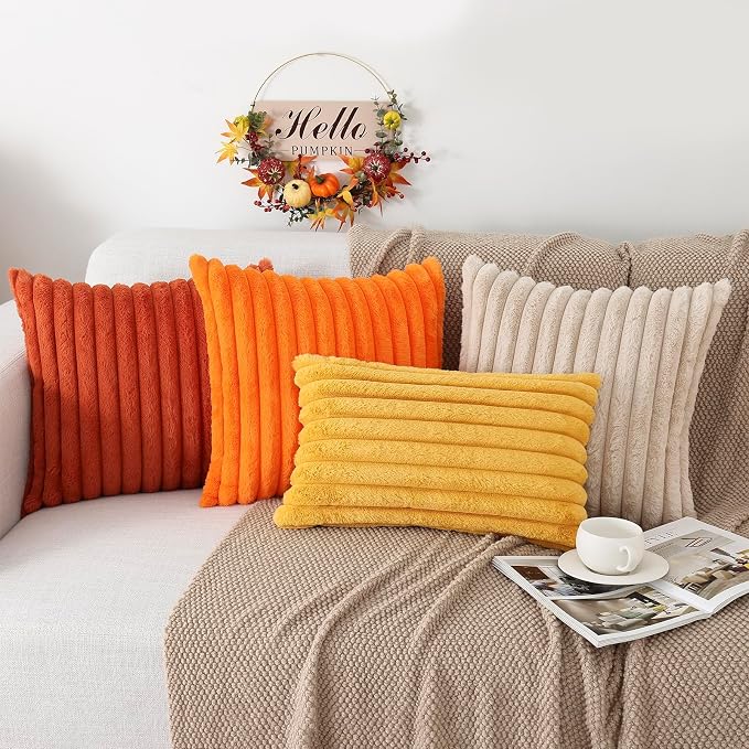 Pallene Faux Fur Fall Decorative Throw Pillow Covers 26x26 Set of 2, Rust | Luxury Plush Texture, Striped Design, Cozy Soft Touch, Modern Home Accent Decor for Couch, Sofa, Bed, Living Room
