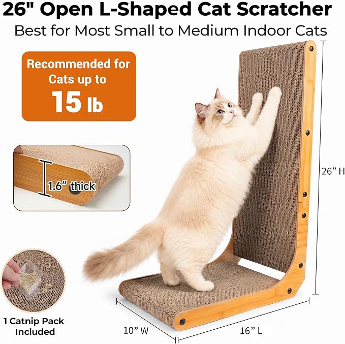 PatiencET L Shape Cat Scratcher, 26 Inch Cardboard Scratch Pad | For Indoor Cats, Large Vertical Scratch Board, Furniture Protector