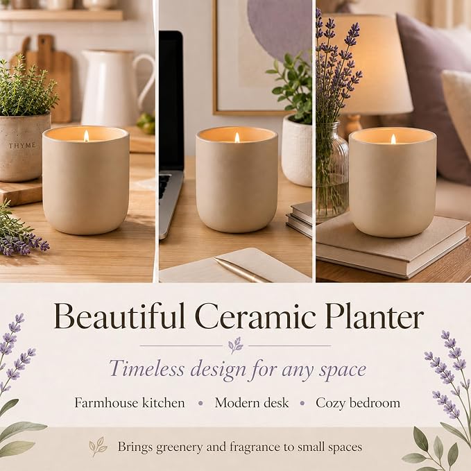 Cedar Scented Candle Planter, Lavender Seeds with Coco Coir, The Growing Candle 100% Soy Wax, Aromatherapy Candle, Ceramic Pot Home Decor Gift, Unique Gardening Gifts for Women Mom Plant Lover