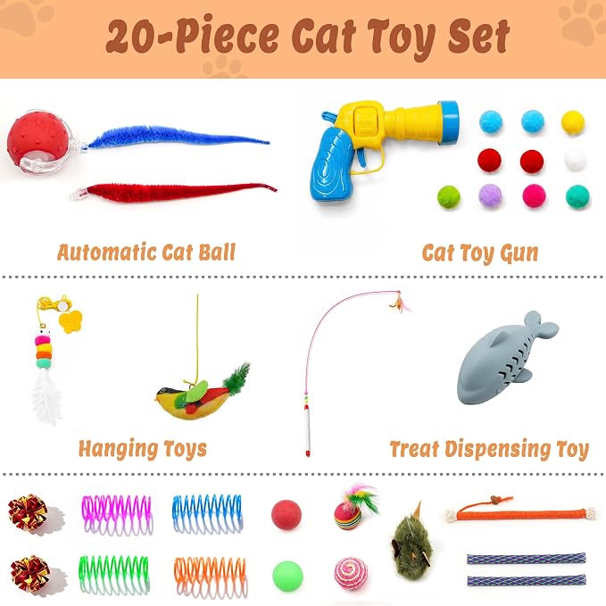 21 Pcs Interactive Cat Toys for Indoor Cats, Cat Puzzle Box with Rechargeable Automatic Ball, Hanging Toy, Plush Mice and Balls 3-in-1 Kitten Toys for Indoor Bored Kittens