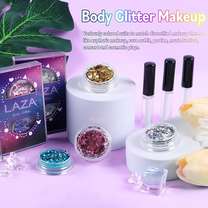 Laza Body Glitter, 2 Jars Holographic Chunky Sequins with Glitter Glue Perfect for Women Eyeshadow Makeup Face Paint Festival Rave Outfits Hair Accessories Carnival Party Costumes - Sliver Galaxy