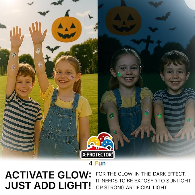 X-Protector Halloween Tattoos for Kids - Giant Pack of Temporary Tattoos - Fake Halloween Tattoos Gifts - Glow in the Dark Spooky Party Favors - Bulk Halloween Goody Bag Fillers!