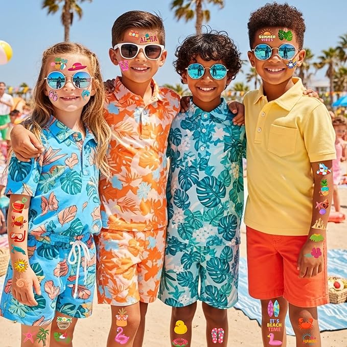 Summer Temporary Tattoos - 60Pcs Summer Party Decorations Gift Idea For Kids Youth Boy Girl Adult Beach Sea Summer Party Favors Accessories Aloha Party Supplies Hawaii Theme Luau Pool