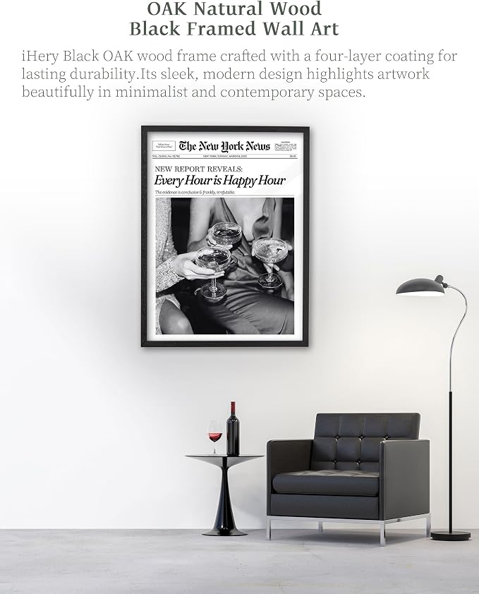 iHery 16x20in Every Hour Is Happy Hour Black Framed Newspaper Wall Art | Premium Black Natural OAK Wood Frame with Canvas Print, Retro Editorial Decor for Bedroom, Girl Dorm, Living Room 1Pack