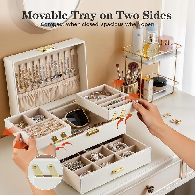 Jewelry Organizer Box, Large Jewelry Boxes for Women Girls, Space-Saving 3 Layers Jewelry Storage Case with Drawer, Movable Metal Stand, Modern, Gift Idea (Cloud White + Gold)