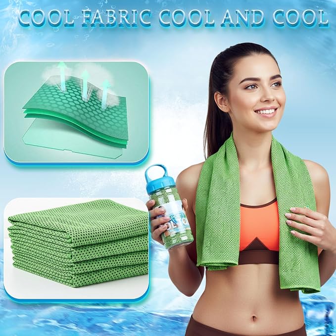 Honoson 20 Pcs Cooling Towels for Neck and Face, 47"x12" Sports Breathable Ice Towels Microfiber Chilly Sweat Rags with Portable Bottle for Gym Golf Athletes Yoga Workout Hot Weather (Green)