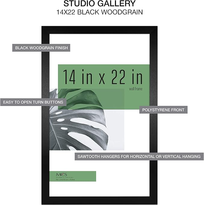MCS Studio Gallery 14x22 Poster Frame Black Woodgrain Engineered Wood, Vertical & Horizontal Wall Hanging Large Picture Frame for Photos, Posters & Art Prints (2-Pack)