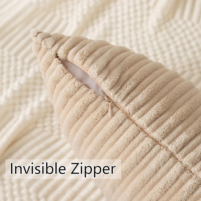 UGASA Velvet 20x20 Inch Soft Throw Pillow Covers Decorative Corduroy Striped Both Sides Solid Square Cushion Cases Boho Farmhouse for Couch Bedroom Sofa Home, Pack of 2, Beige