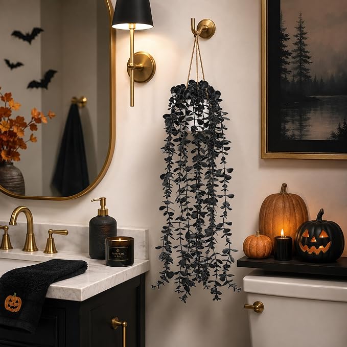 Der Rose Fake Eucalyptus Hanging Plants for Halloween Party Decorations | Black faux plants indoor for gothic bathroom decor, shelves and mantels, bringing moody depth to Halloween decorations indoor